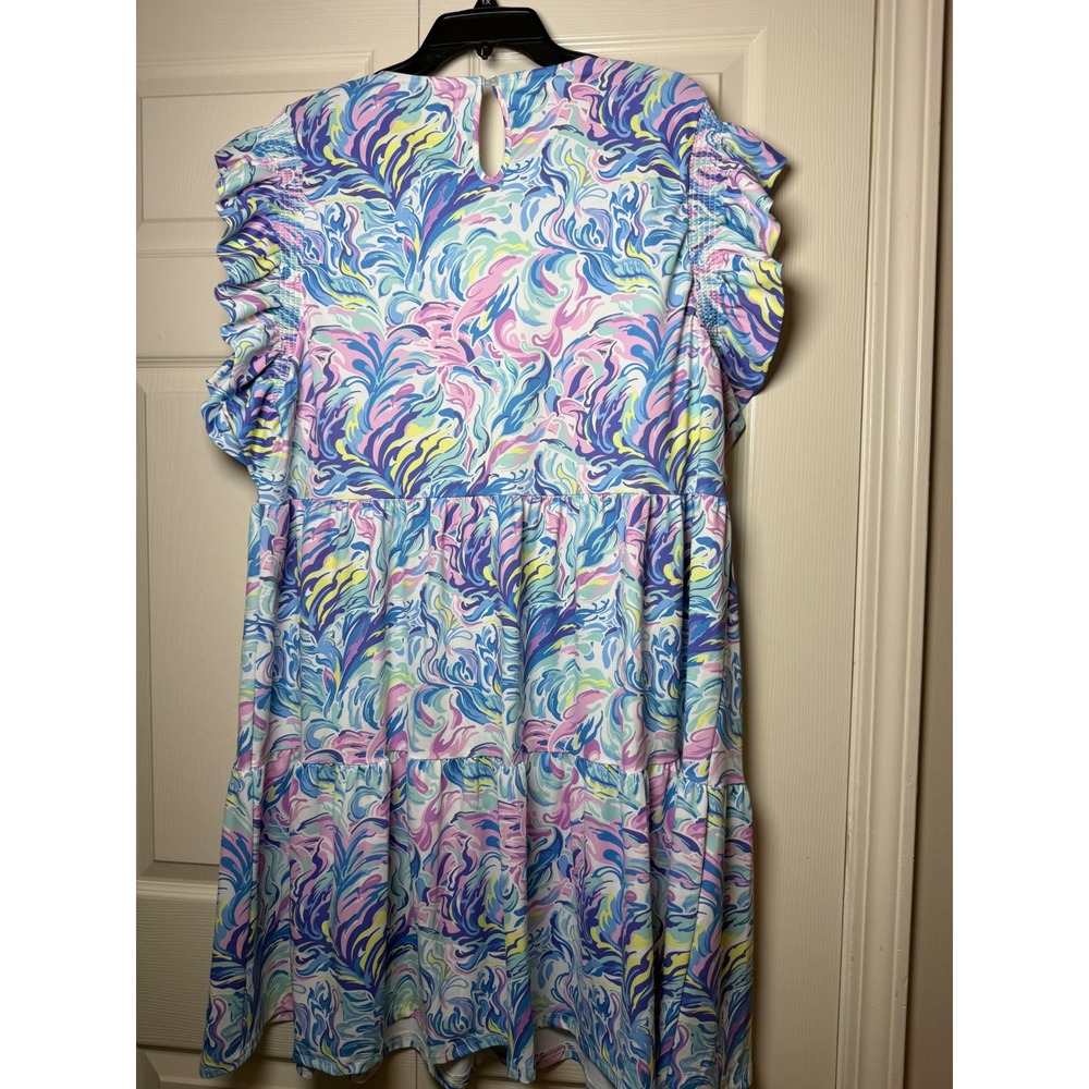 Simply Southern Watercolor Ruffle Sleeve Tiered Dress XL UPF 50+ Blue Pink New - Picture 5 of 10